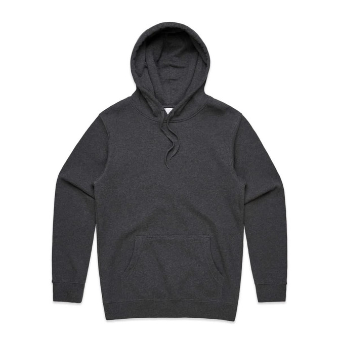 A grey hoodie featuring a front pocket and a drawstring hood, with a branded logo.