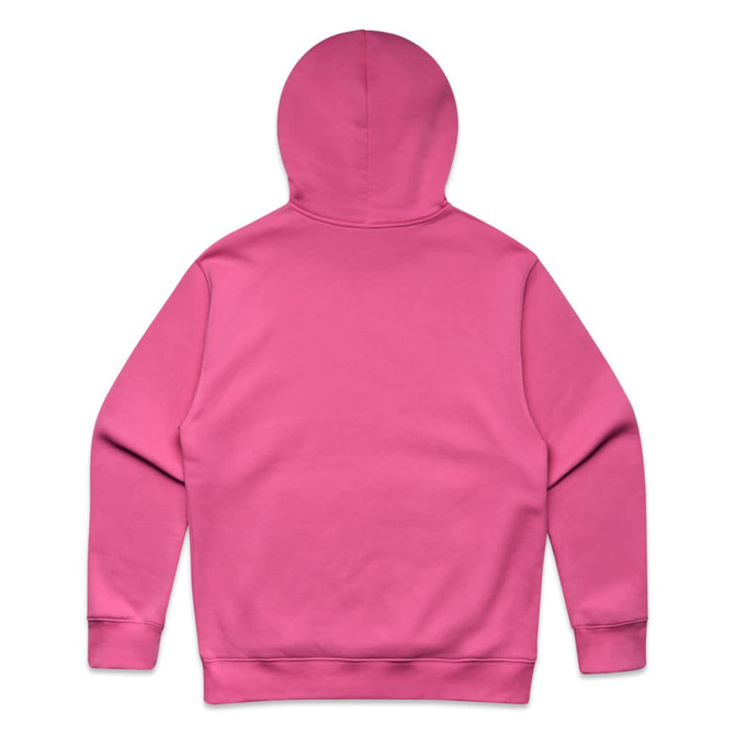 A pink hoodie featuring a hood and long sleeves, with a plain back and a subtle logo.