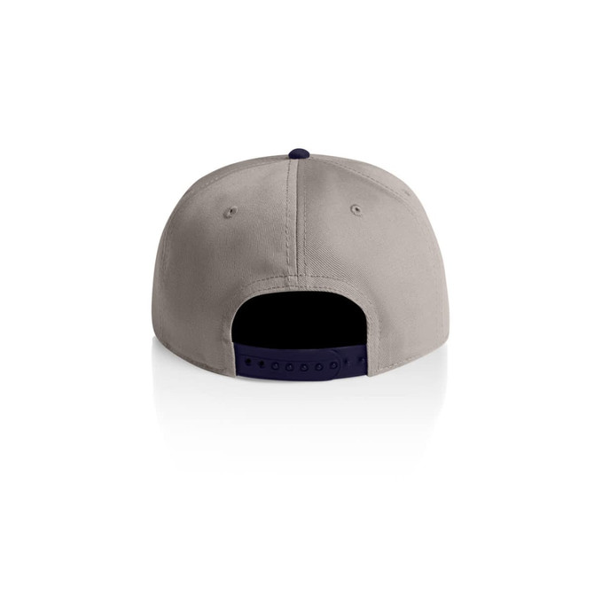A two-tone cap featuring a light grey body and a navy blue peak. The cap has a rear adjustment strap and logo.