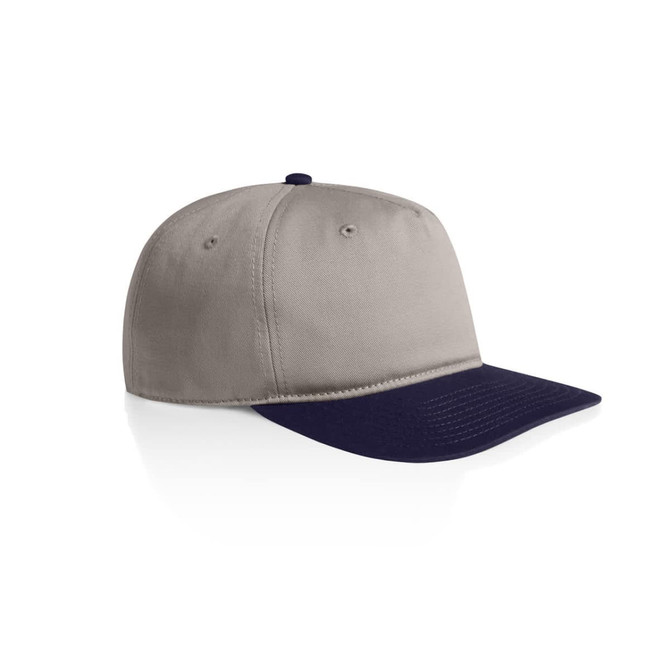 A two-tone cap featuring a beige crown and a navy blue visor, with a logo on the side.