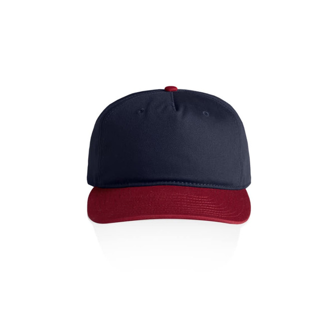 A two-tone cap featuring a navy blue crown and a burgundy brim. The cap has a logo on the front.