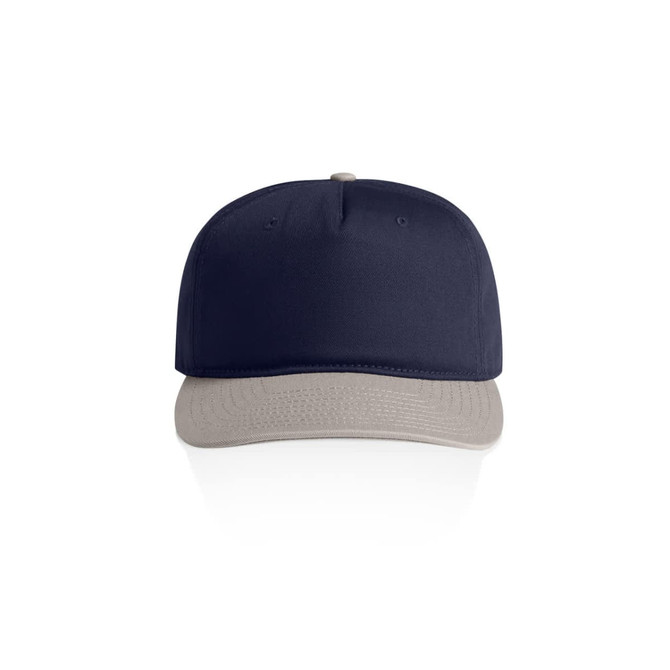 A two-tone cap featuring a navy top and a grey brim, with a logo on the front.