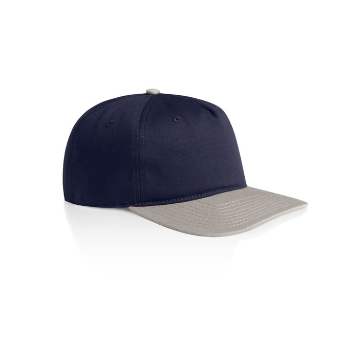 A two-tone cap featuring a navy blue body and a light grey brim, with a logo on the front.