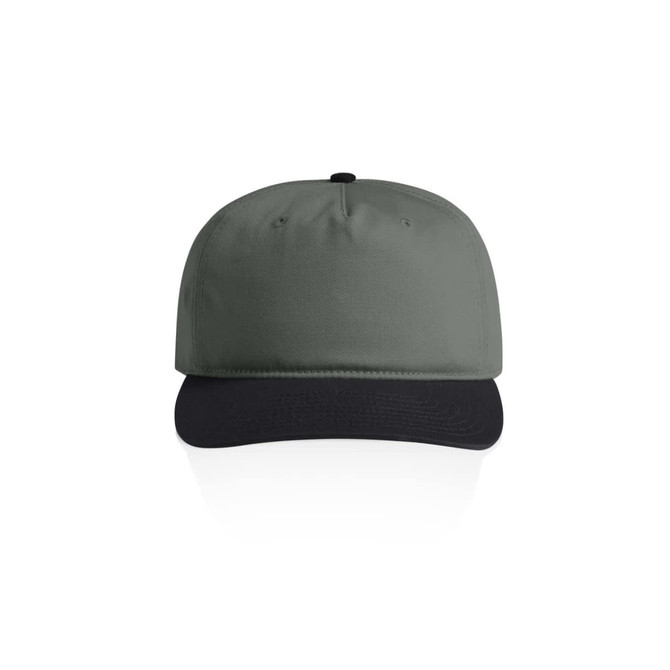 A two-tone cap featuring a green crown and a black peak, designed for headwear. It has a logo on the front.