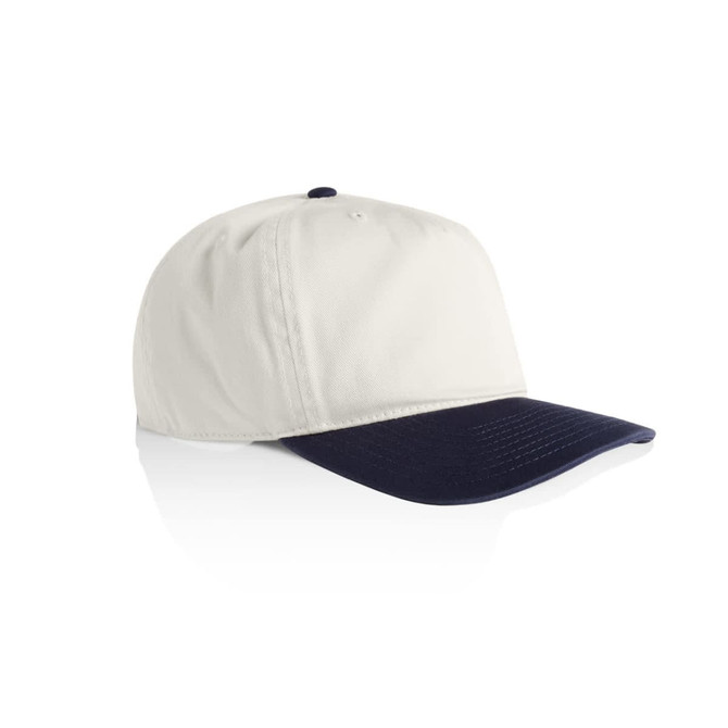 A two-tone cap featuring a cream-coloured crown and a navy blue peak, with a logo on the front.