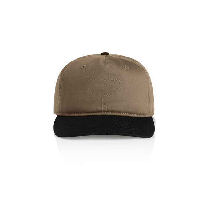 A two-tone cap featuring a brown upper and black brim, with a logo on the front.