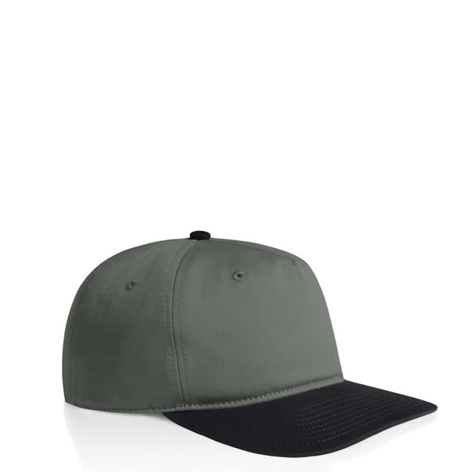 A two-tone cap in grey and black, featuring a structured crown and a curved brim. It includes a logo on the side.