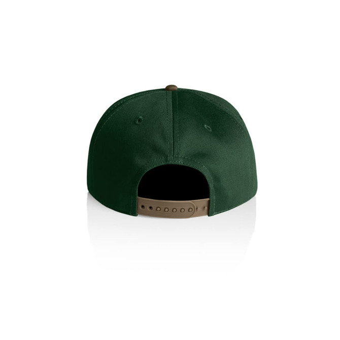A two-tone cap featuring a green front and a brown adjustable strap at the back, with a logo present.