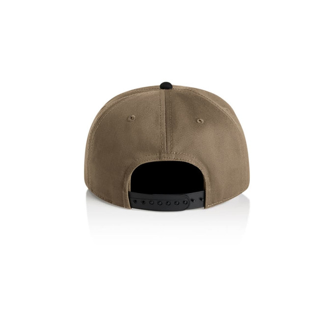 A two-tone cap in brown and black with a black adjustable strap at the back. It features a logo.