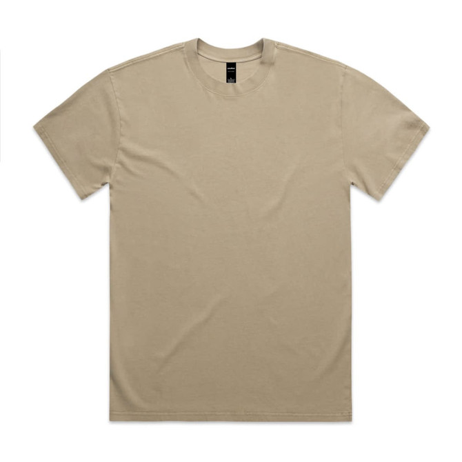 A heavy faded tee in a light beige colour, featuring short sleeves and a crew neck design. It has a logo.