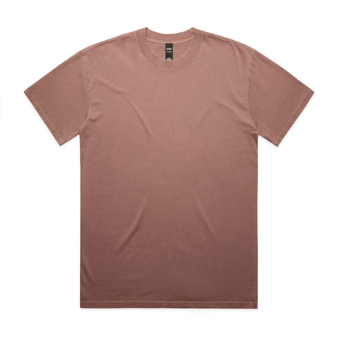 A heavy faded tee in a muted brown colour with a round neckline and short sleeves. It features a logo.