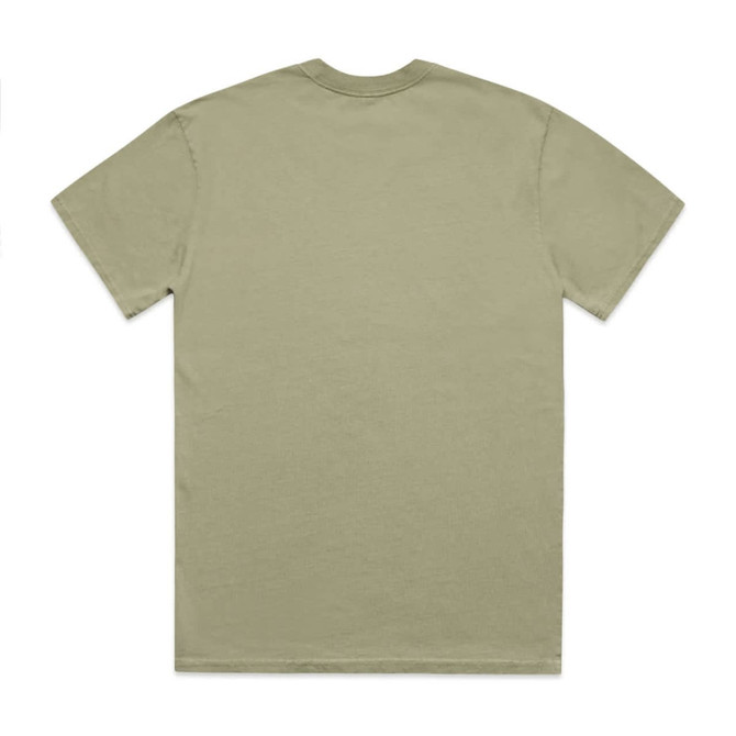 A t-shirt in a faded olive green colour, featuring a simple design and a logo on the back.