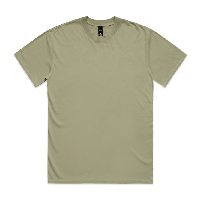 A light khaki t-shirt with a crew neckline and short sleeves. It features a logo on the tag.