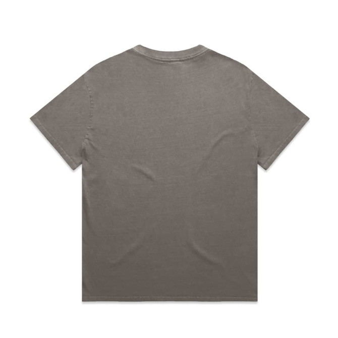 A heavy, faded grey T-shirt with short sleeves and a relaxed fit, featuring a branding logo on the back.