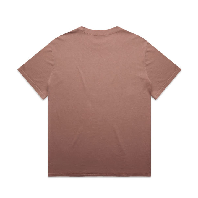 A faded brown T-shirt with a plain back and short sleeves, featuring a logo.