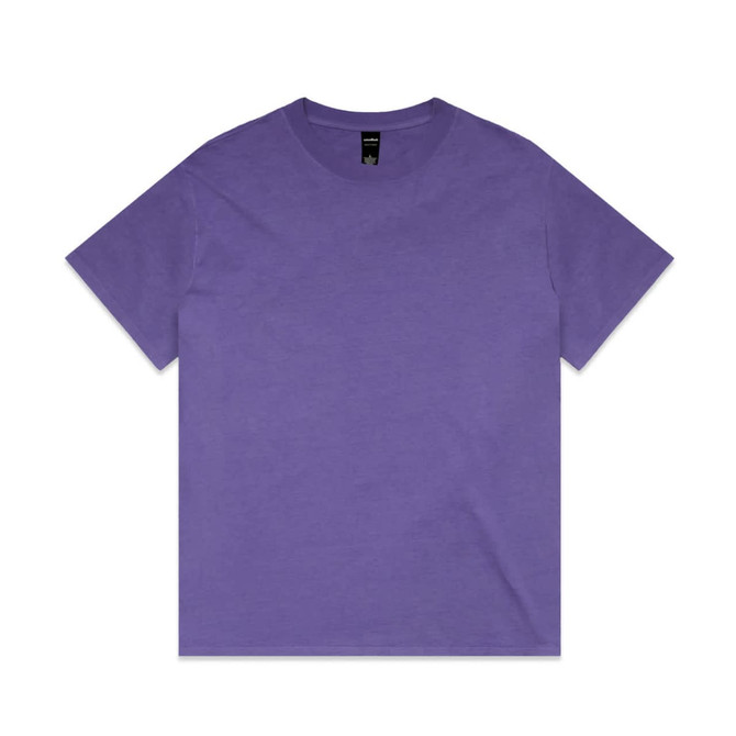 A purple heavy faded T-shirt with short sleeves and a simple design. It features a logo on the label.