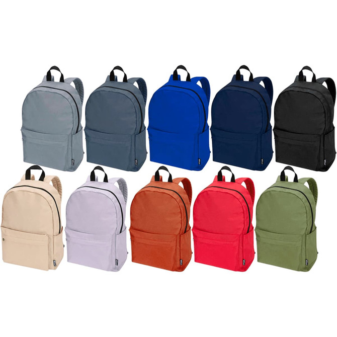 A collection of 10 laptop backpacks in grey, blue, navy, black, beige, lilac, orange, and green, each with a logo.