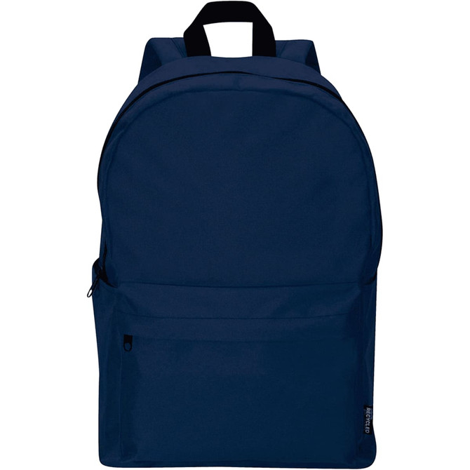 A navy blue laptop backpack with a front pocket and a logo, featuring adjustable shoulder straps.