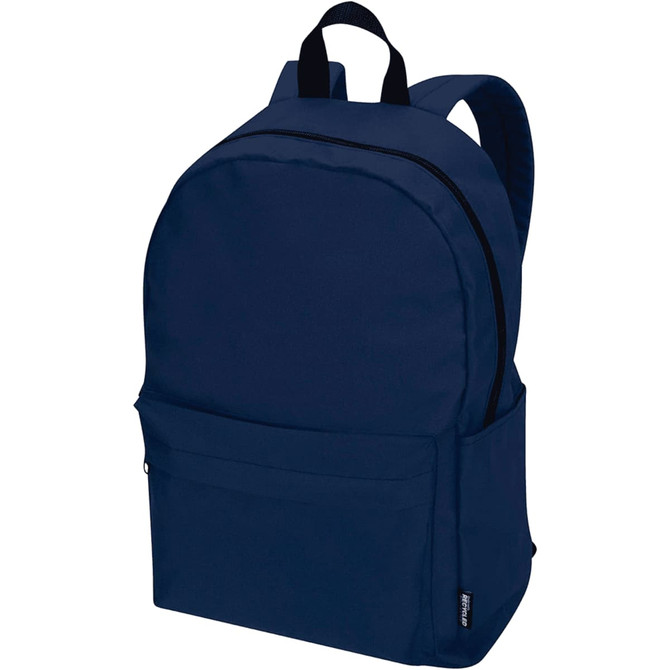 A navy blue laptop backpack with a front pocket and adjustable straps. It features a logo on the side.