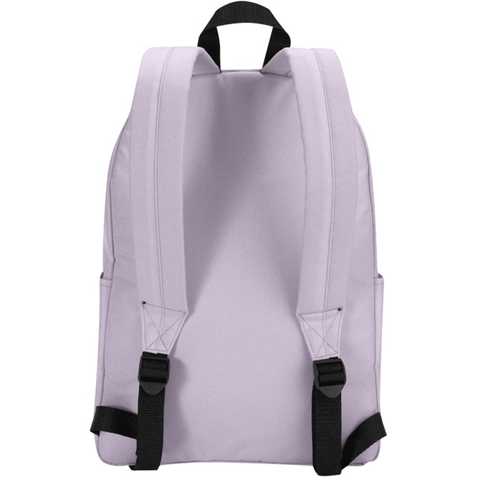 A lavender laptop backpack with black straps and side pockets, featuring a simple design and a logo.