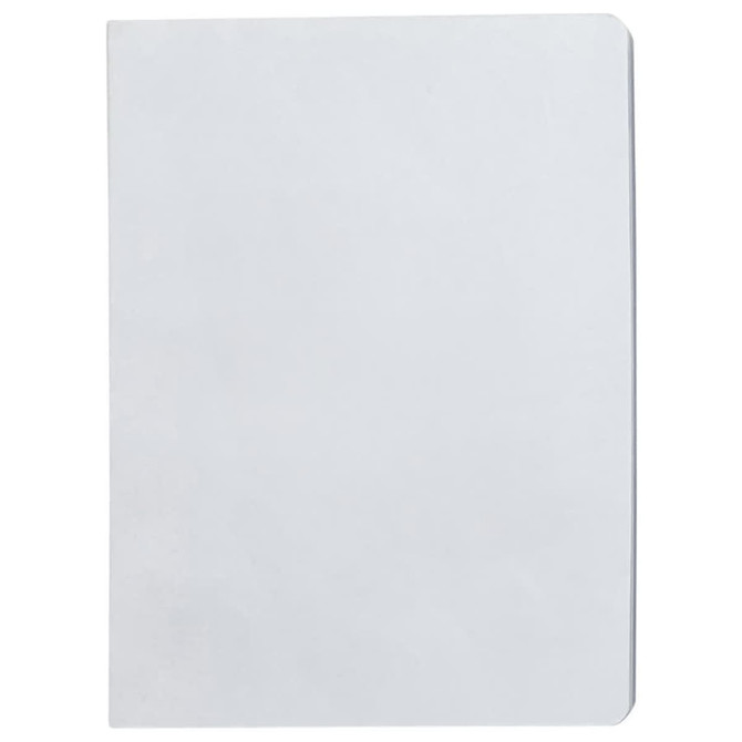 A plain, white notebook with blank pages and rounded corners. It features a logo on the cover.
