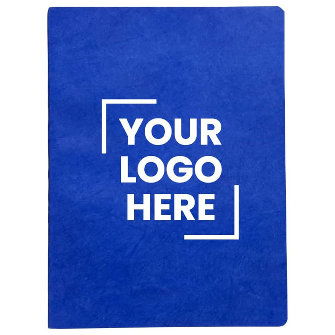 A blue notebook with blank pages and an area for a logo.