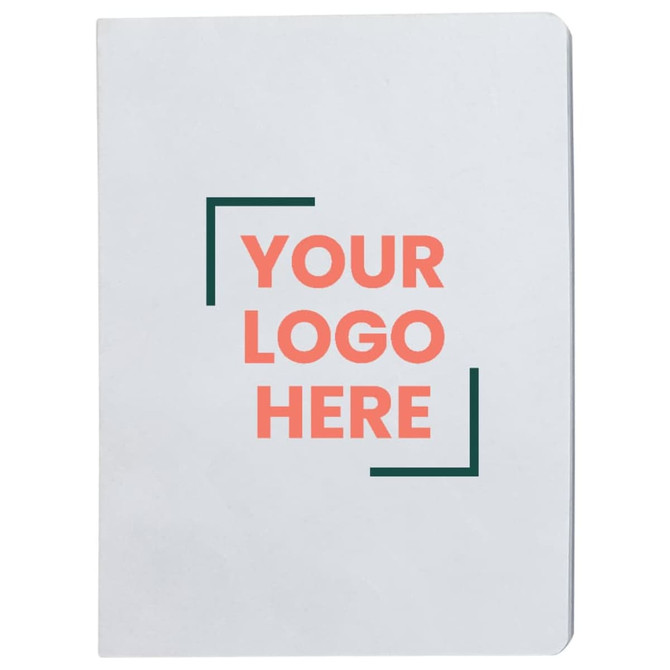 A grey survival notebook with blank pages and a logo placeholder in pink and green.