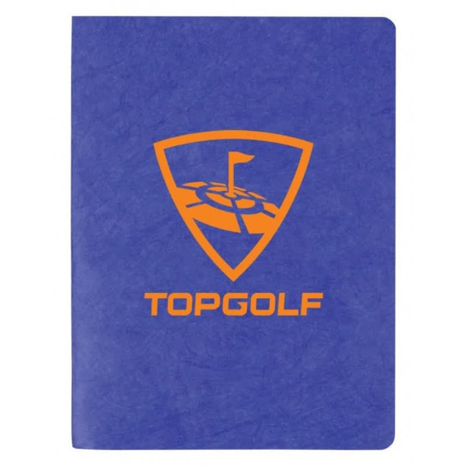 A blue notebook with a textured cover featuring an orange logo and branding. It has blank pages inside.