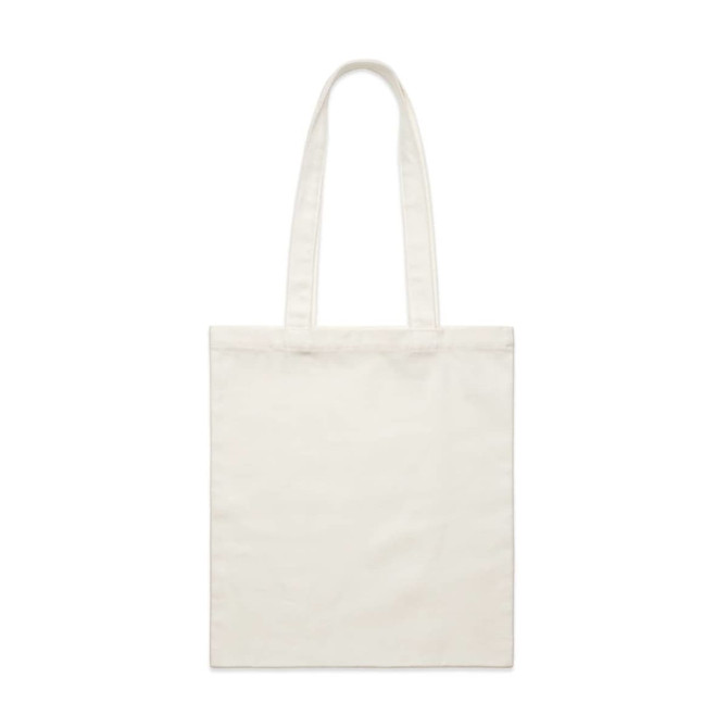A cream tote bag with long handles, featuring a simple design and branded logo.