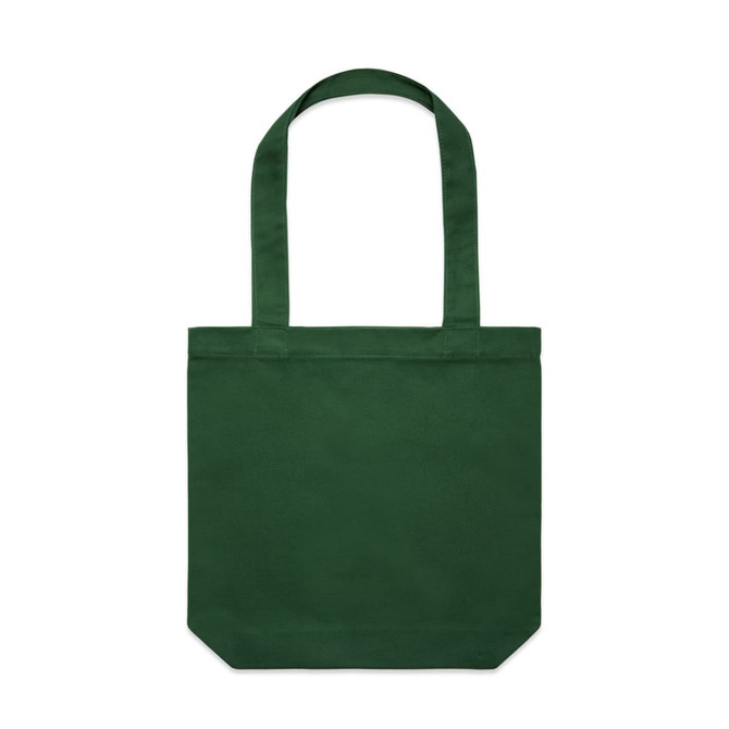 A green tote bag with two handles and a square shape. It features a branding logo on one side.