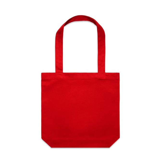 A red tote bag with two handles, featuring a plain design and no visible branding.