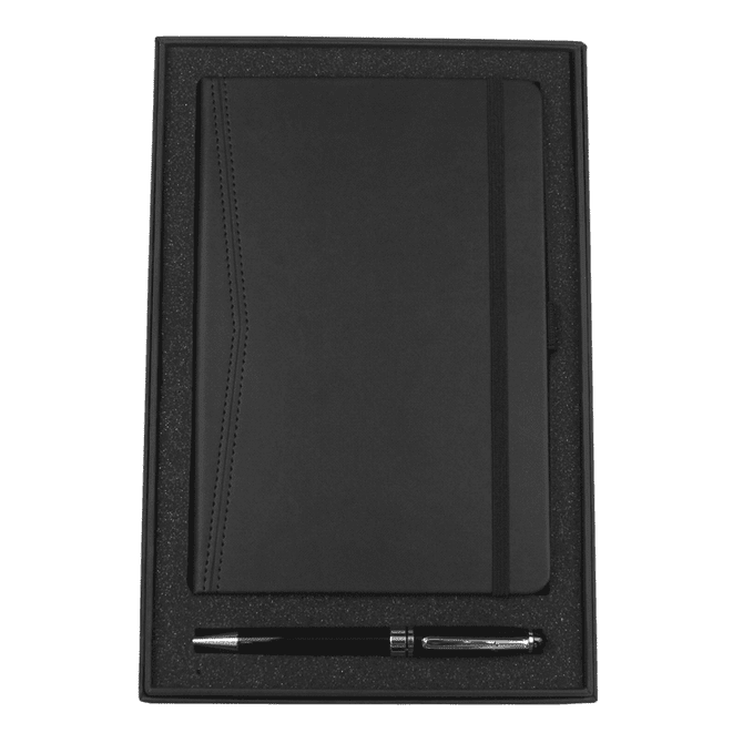 A black pocket-bound journal and pen set in a sleek black gift box with a branded interior.