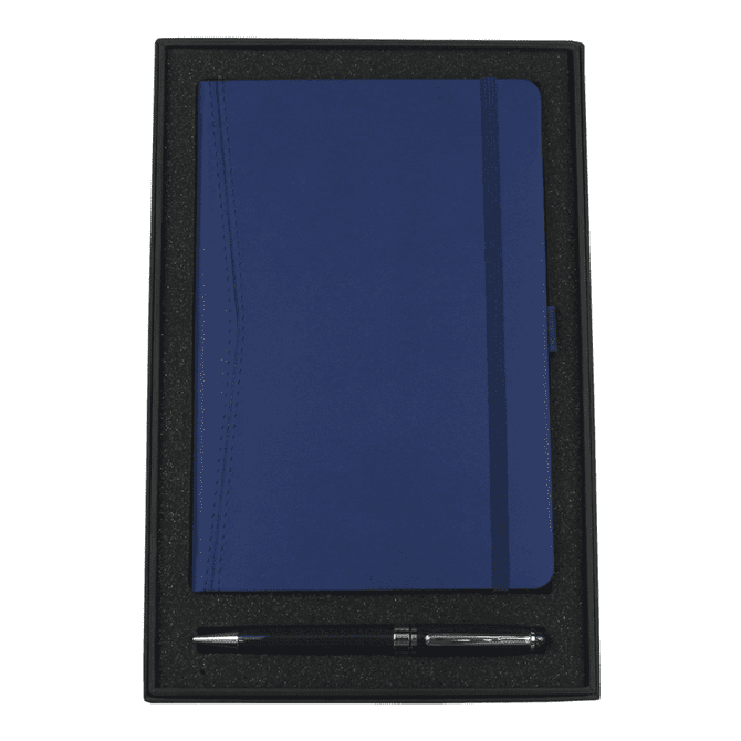 A blue pocket bound journal and a blue twist ballpoint pen in a black gift box. The set includes branding.