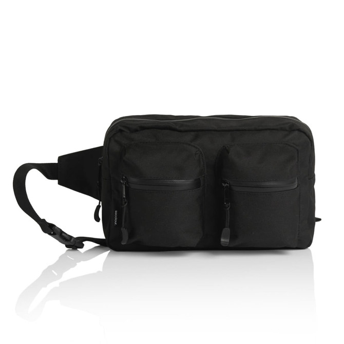 A black recycled double waist bag with two front zippered pockets and an adjustable strap. It features a logo.