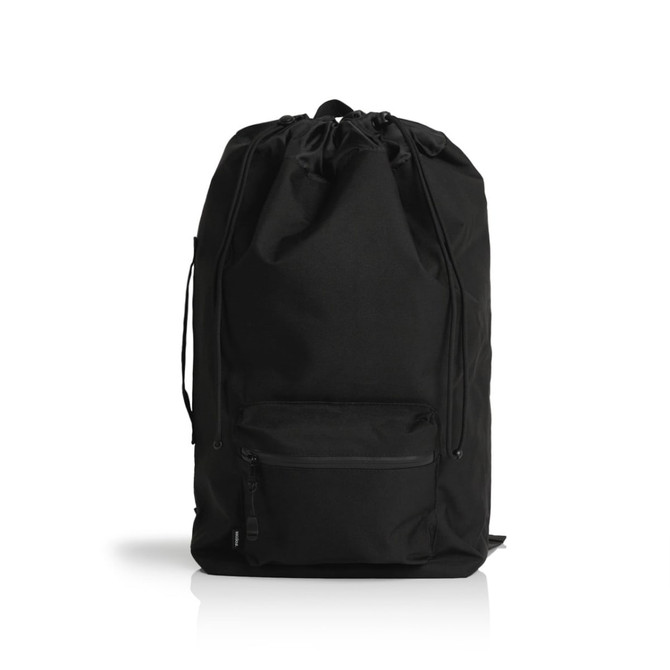 A black recycled rucksack featuring a drawstring closure and a front zip pocket, with a brand logo.