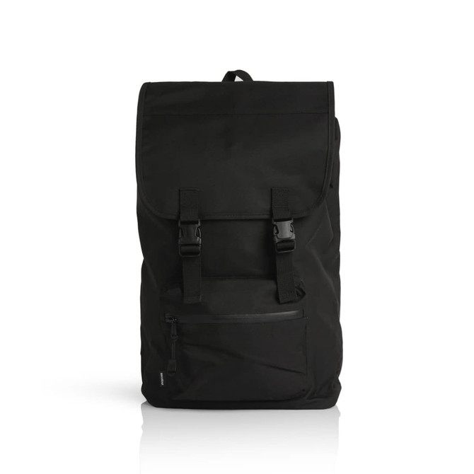 A black recycled field backpack with a flap lid, front pocket, and adjustable straps. It features a logo.