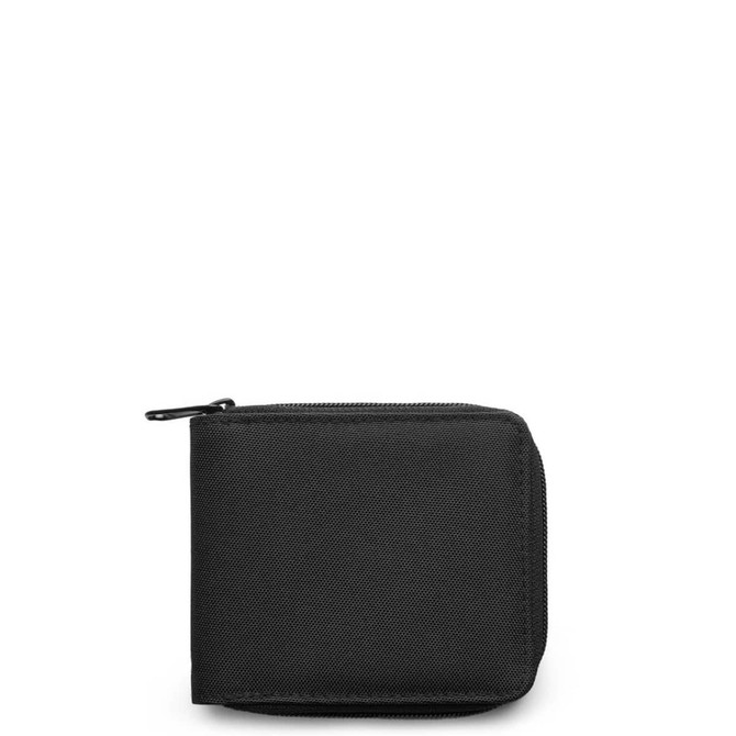 A black recycled zip wallet with a textured surface and a zip closure, featuring a logo on one side.