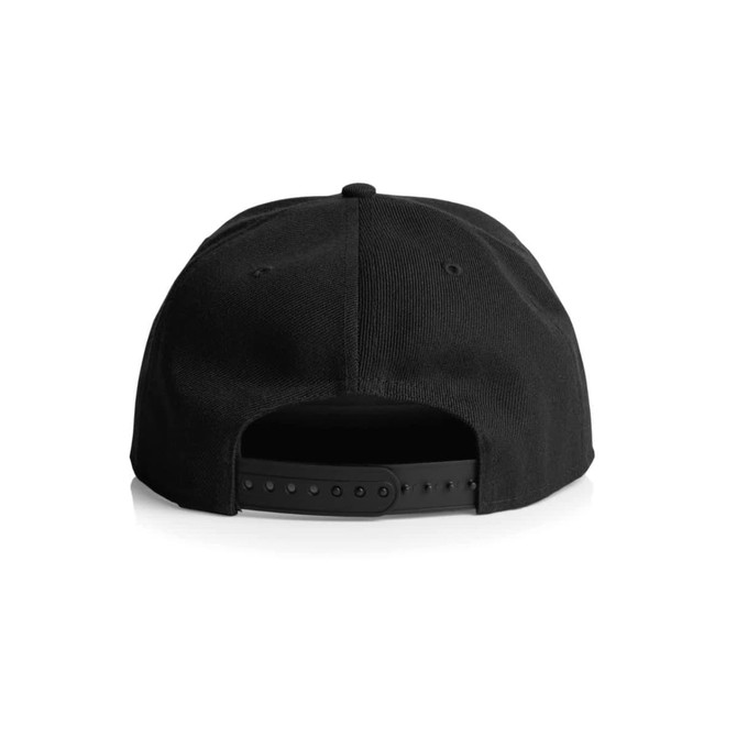 A black cap featuring a snapback closure and a plain design with an adjustable strap at the back.