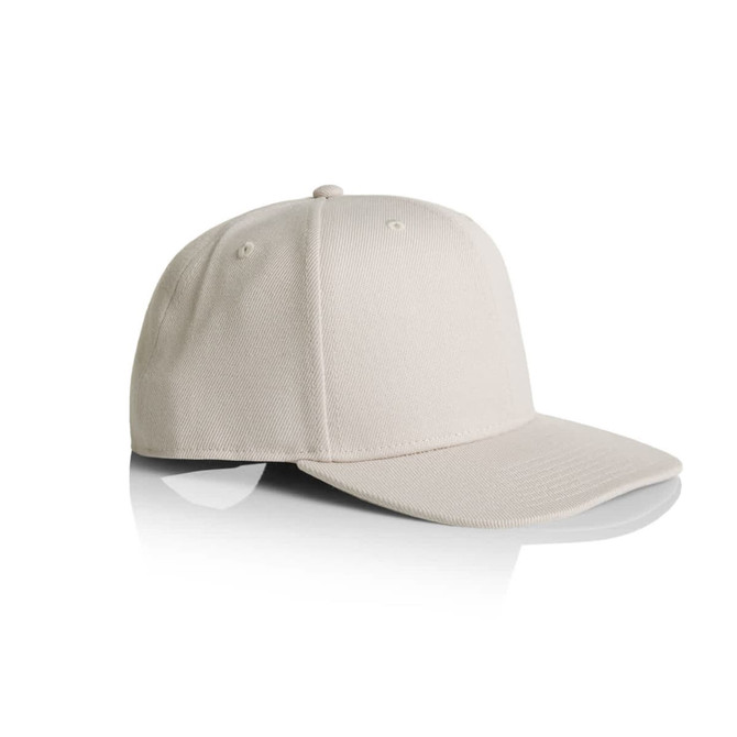 A cream-coloured cap with a curved brim and stitched detailing, featuring a logo on the front.
