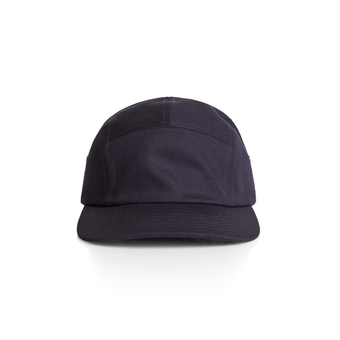 A navy five-panel cap featuring a structured design and a small logo. Ideal headwear for casual outings.