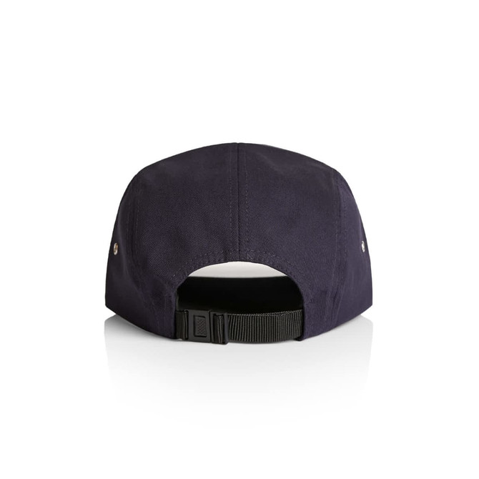 A navy five panel cap with a rear adjustable strap and a logo on the back. 
