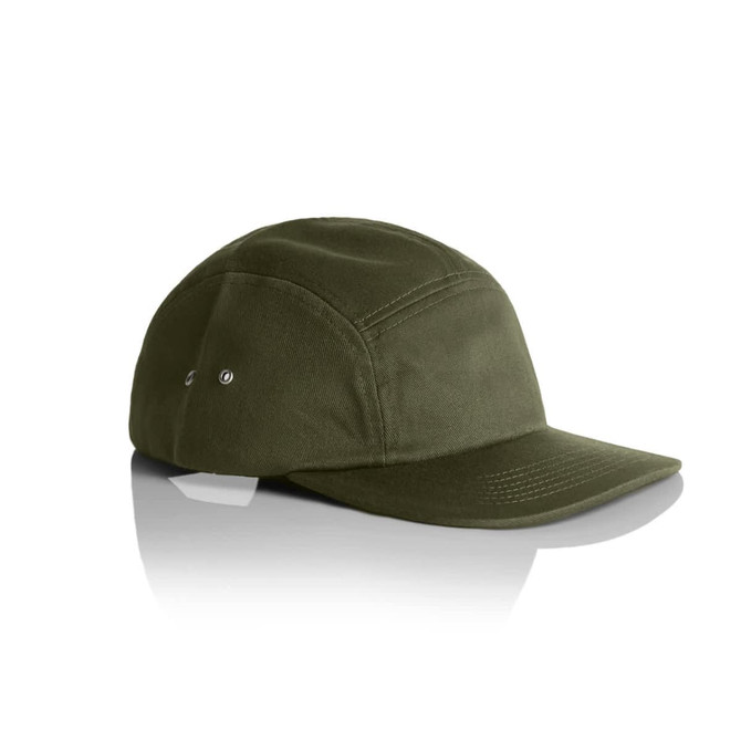 An olive green five-panel cap featuring a curved brim and a logo on the side.