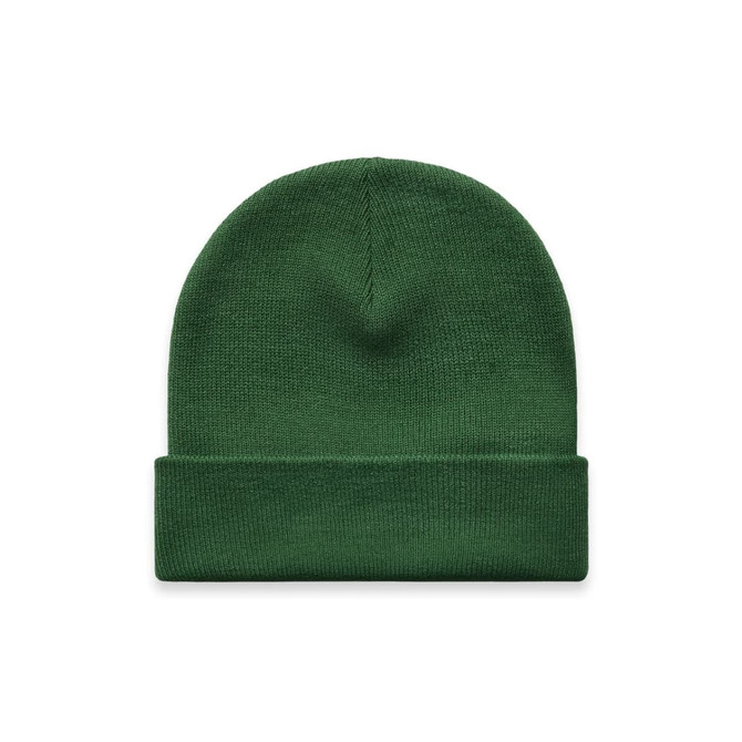 A green cuff beanie with a simple design, featuring a folded brim and a knitted texture.