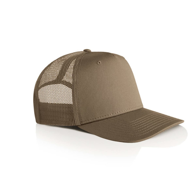 A khaki trucker cap featuring a mesh back and a solid front panel, with a curved brim and a logo.