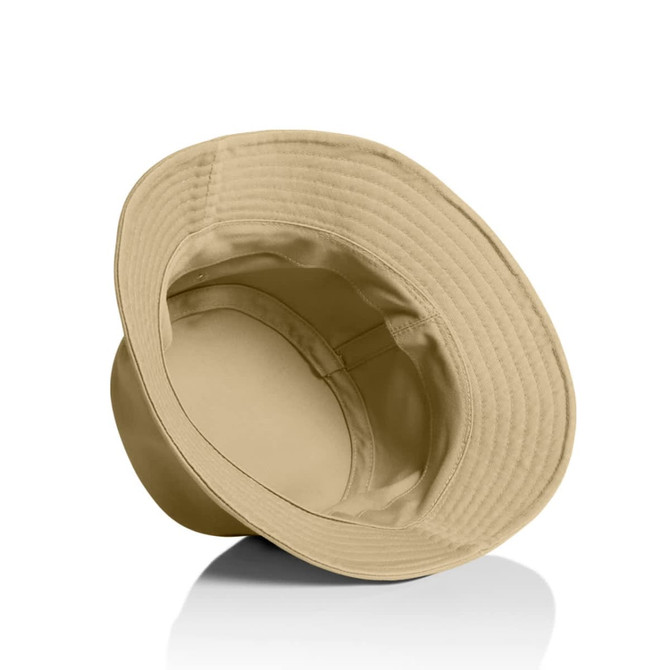 A beige bucket hat with a wide brim and a simple interior design, featuring a logo.