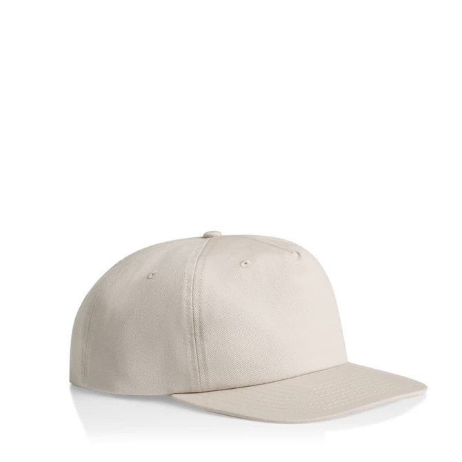 A beige cap featuring a curved brim and a logo on the front, designed for casual wear.