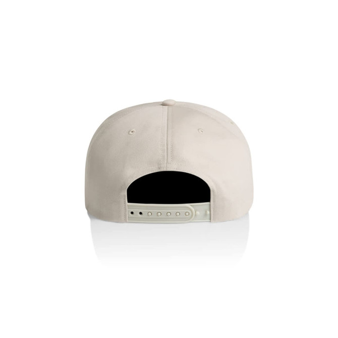 A beige cotton cap with a snapback closure and a logo on the back.