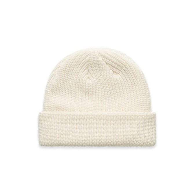 A cream beanie with a ribbed texture and a folded cuff, featuring a logo on the side.