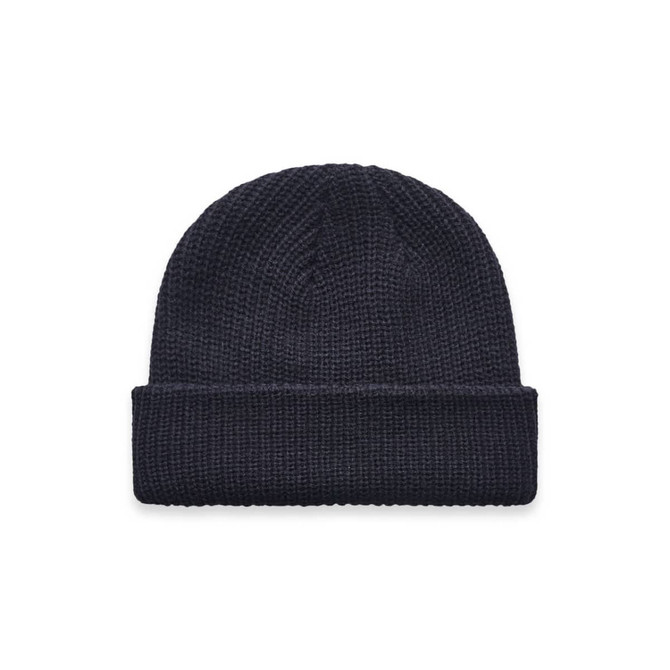 A navy knitted beanie with a fold-up cuff, featuring a branding logo.