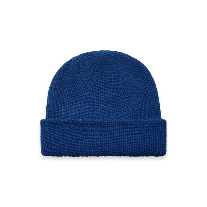 A blue cable knit beanie with a fold-over brim, featuring a branding logo.